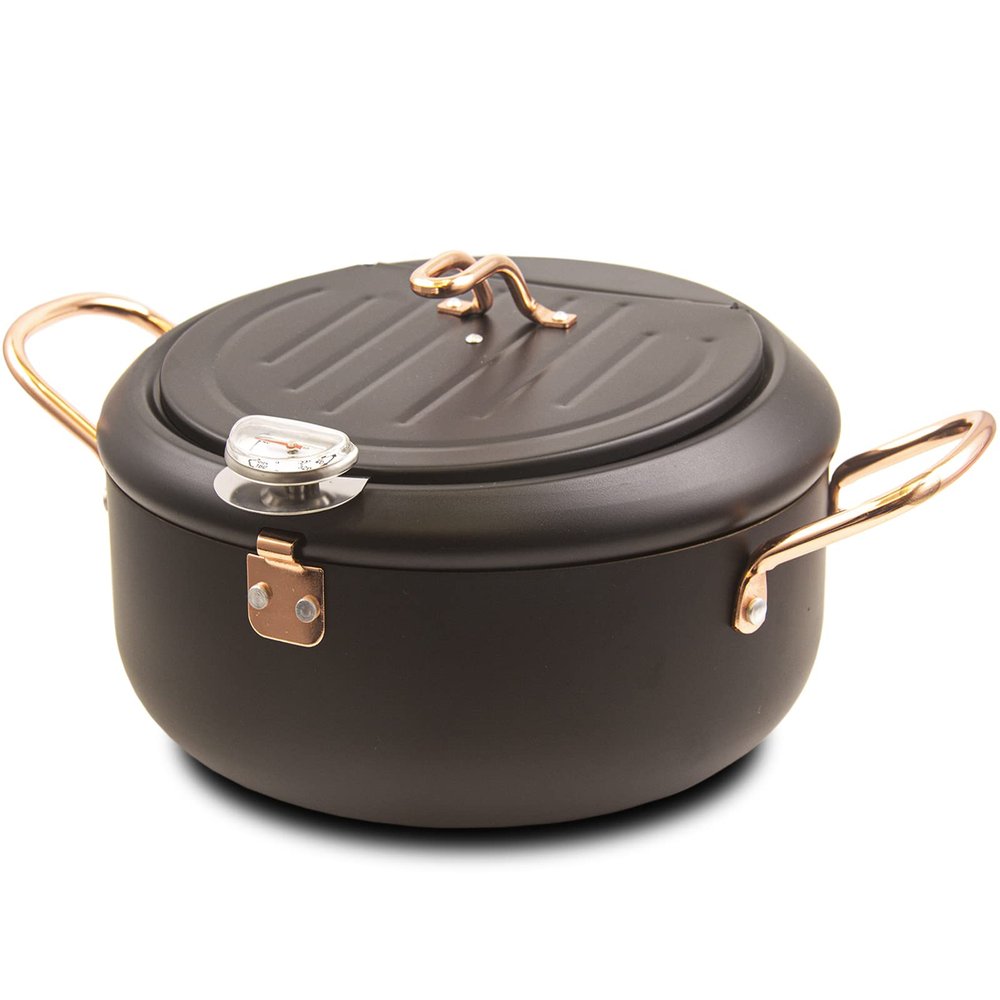 Japanese Tempura Deep Fryer Pot 2.3L- Fahrenheit Thermometer, Temperature Resistance Nonstick Coating, Easy Clean up, Heat up Fast, Exquisite Black Oil Fryer, 8.2inch Deep Frying Pot