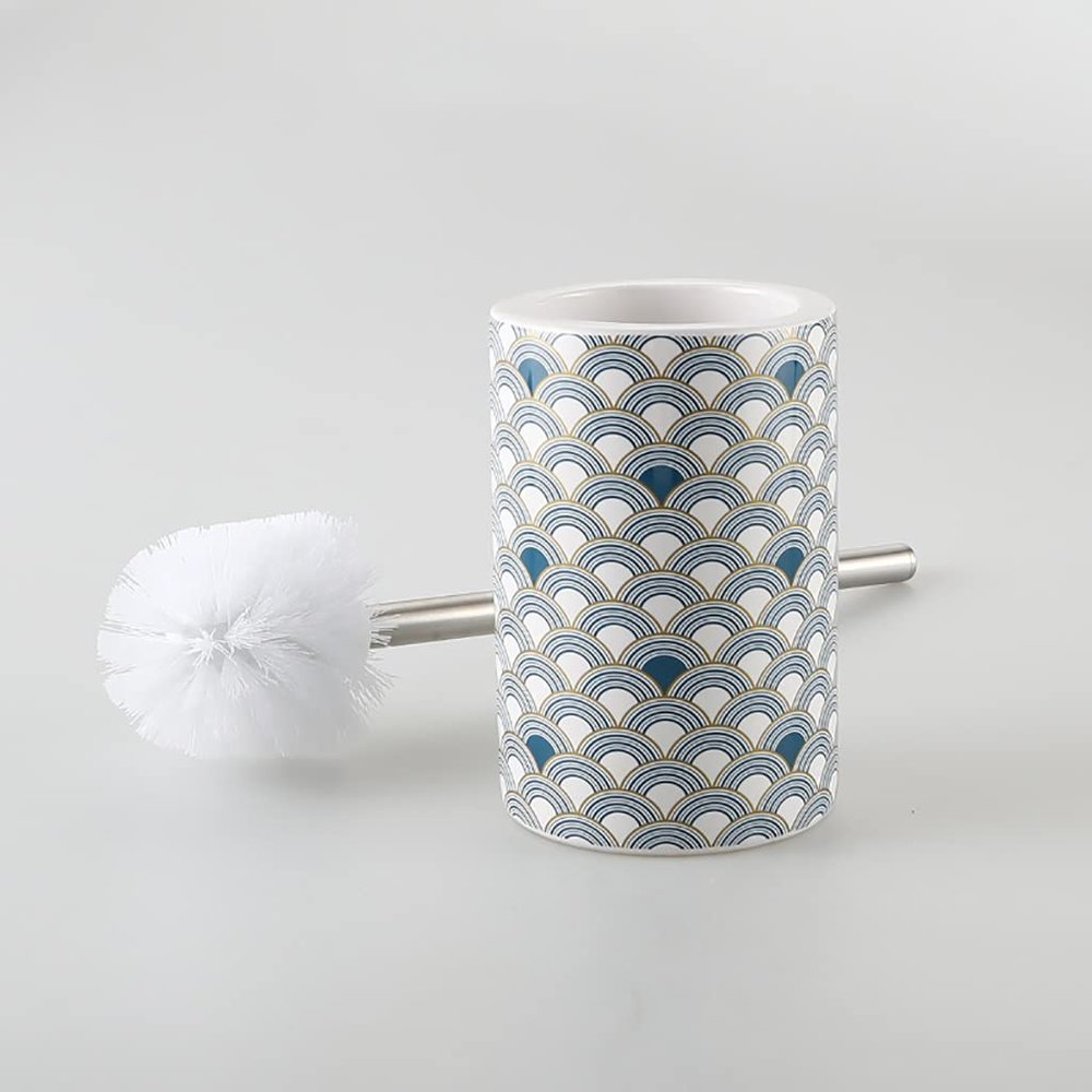 MANFER Bathroom Accessories Ceramic Toilet Brush Set - Toilet Bowl Brush and Holder with Steel Handle, Compact Freestanding Toilet Brush Holder for Bathroom Cleaning
