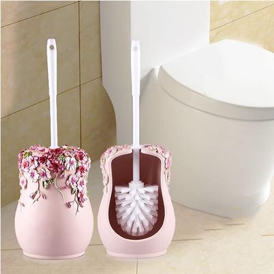 MANFER Compact Resin Hidden Toilet Bowl Brush and Holder, 3D Flowers Pattern Luxury Hand Painted Toilet Decor, Good Grip, Deep Cleaning, Bathroom Accessories Decorative Design (Color : Pink)