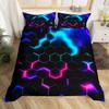 Castle Fairy 3D Honeycomb Duvet Cover Set Queen Size,Hexagon Theme Comforter Cover Pink Blue Neon Lights Bedding Set 3pcs,Kids Boys Teen Man Chic Creative Home Quilt Cover with 2 Pillowcases,Black view 2
