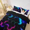 Castle Fairy 3D Honeycomb Duvet Cover Set Queen Size,Hexagon Theme Comforter Cover Pink Blue Neon Lights Bedding Set 3pcs,Kids Boys Teen Man Chic Creative Home Quilt Cover with 2 Pillowcases,Black view 4