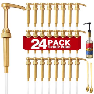 24 Packs Coffee Syrup Pump Dispenser, Fits 25.4 Oz/750ml Coffee Flavoring Syrup Bottles, No Dripping, Great for Home & Coffee Bar Drinking Mixes, Tea, Plus Spoons (Gold,5.23")