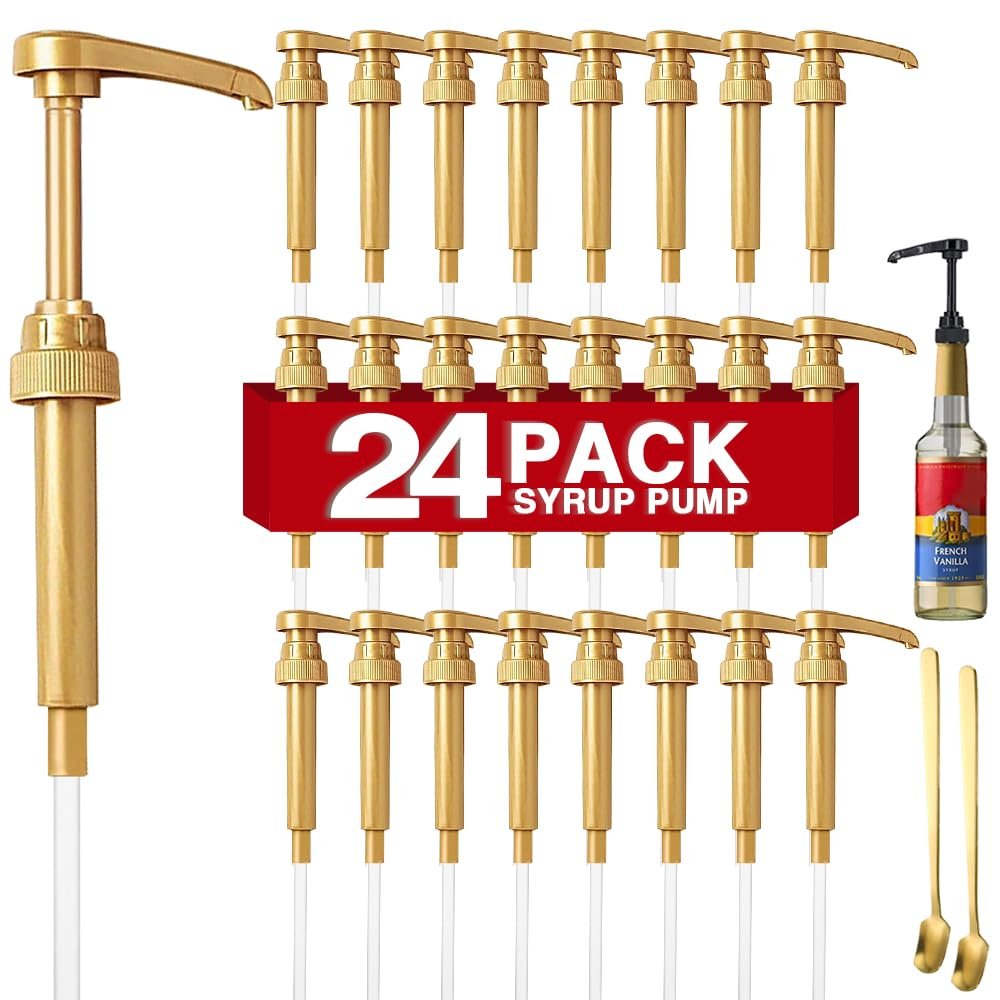 24 Packs Coffee Syrup Pump Dispenser, Fits 25.4 Oz/750ml Coffee Flavoring Syrup Bottles, No Dripping, Great for Home & Coffee Bar Drinking Mixes, Tea, Plus Spoons (Gold,5.23")