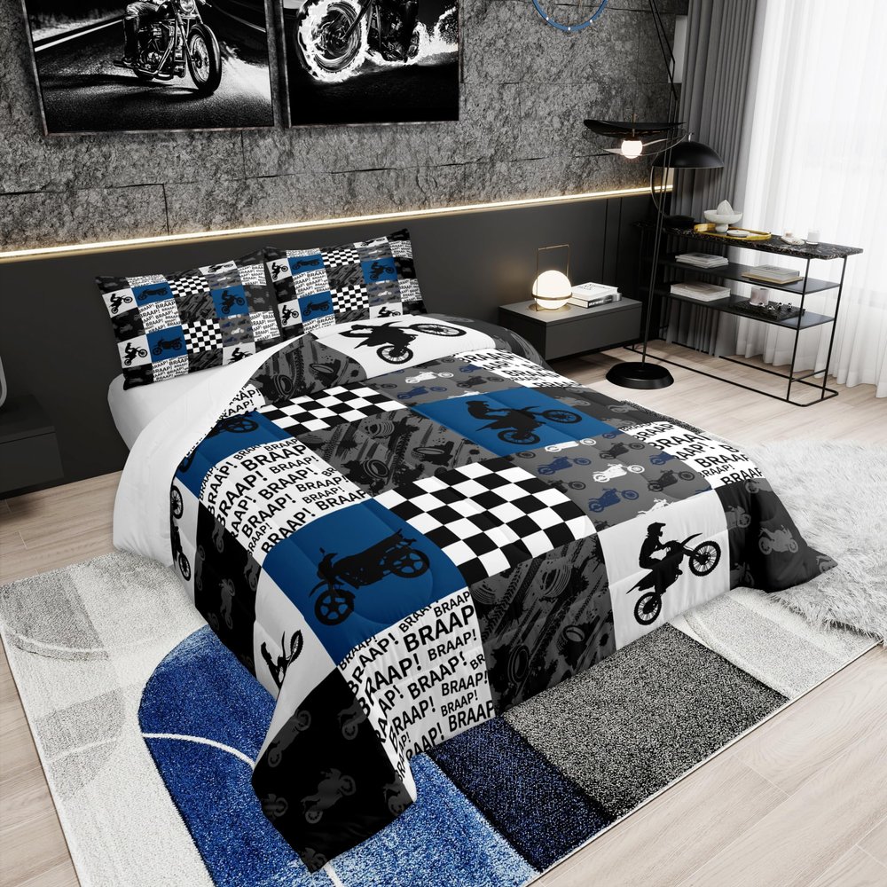 Dirt Bike Bedding Set Full Size Black Grey Blue Motocross Rider Comforter Set Kids Boys Teens Men Bedroom Racing Themed Patchwork Grid Quilt Set Fashion Motorcycle Silhouette Duvet Insert 3pcs