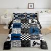 Dirt Bike Bedding Set Full Size Black Grey Blue Motocross Rider Comforter Set Kids Boys Teens Men Bedroom Racing Themed Patchwork Grid Quilt Set Fashion Motorcycle Silhouette Duvet Insert 3pcs view 3