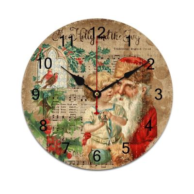 10 Inch Christmas Wall Clock Vintage Santa Claus Clock Silent Battery Operated Clock Non-Ticking Round Clock for Bedroom Living Room Kitchen Christmas Wall Decor