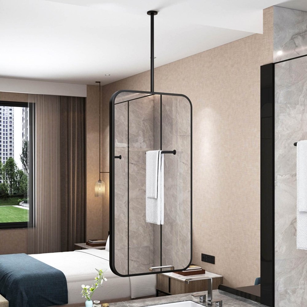 Gaommini Rectangular Mirror, Ceiling Mounted Rod Mirrors, Customizable Metal Boom Hanging Mirror, Floating Bathroom Vanity Mirror, Black Large Square Mirror (Size : 40cmx60cm)