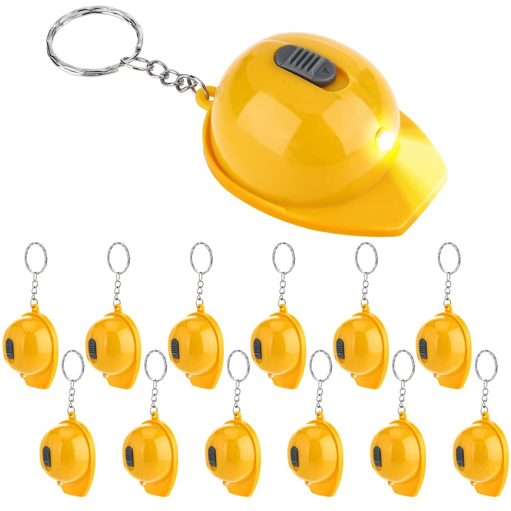 Bonuci 12 Pcs Construction Party Favors Mini Flashlight Keychain Miniature Helmet Flashlight Small Safety Hat Keychain for Man Construction Themed Birthday Party Prizes Supplies Gifts