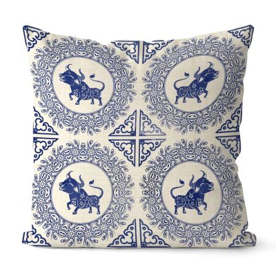 Rebbygena Farmhouse Christmas Pillow Covers 20x20 Chinoiserie Blue and White Porcelain Cotton Linen Throw Pillow Covers Decorative Home Decor Square Blue Willow Cushion Case for Couch