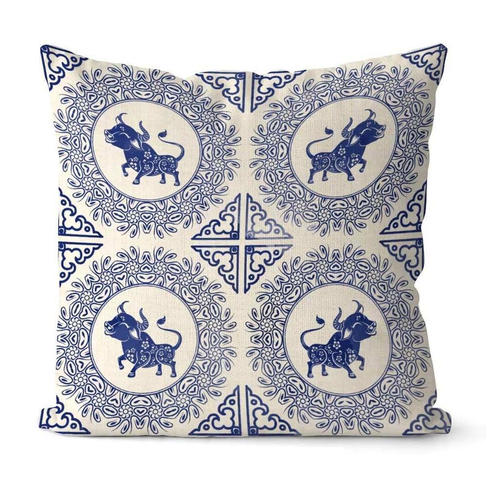 Rebbygena Farmhouse Christmas Pillow Covers 20x20 Chinoiserie Blue and White Porcelain Cotton Linen Throw Pillow Covers Decorative Home Decor Square Blue Willow Cushion Case for Couch