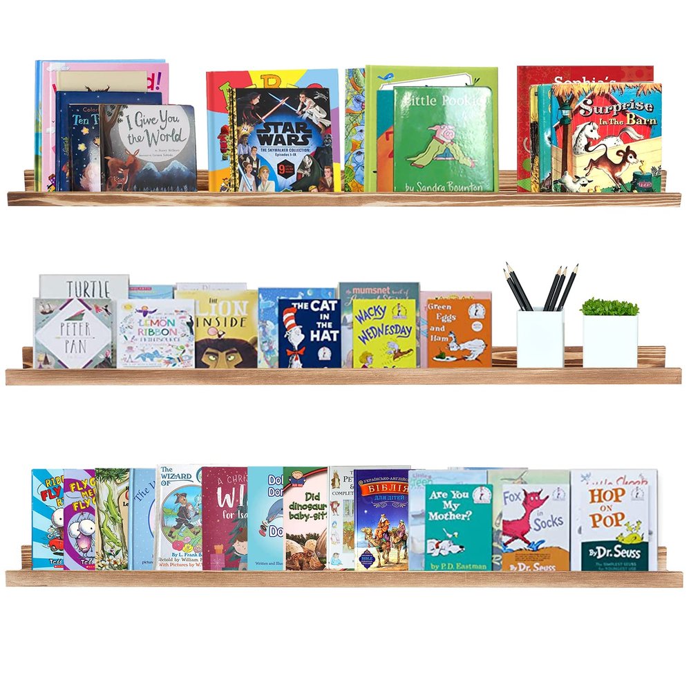 AZSKY Picture Ledge Shelf Floating Shelves for Photo Frames Kids Book Shelves Wall Mounted Burnt Display Shelf Wooden Frame Ledge 48 Inches Set of 3 Bathroom Organizer Shelves