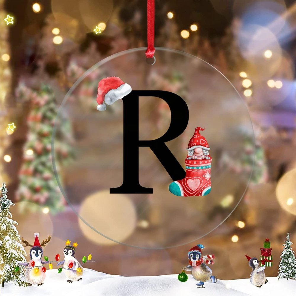 Santa Claus Gnomes Christmas Initial Ornaments Monogram Letter R Ornaments for Christmas Trees Clear Acrylic Personalized Christmas Ornaments 2022 Novelty Keepsake Christmas Decor