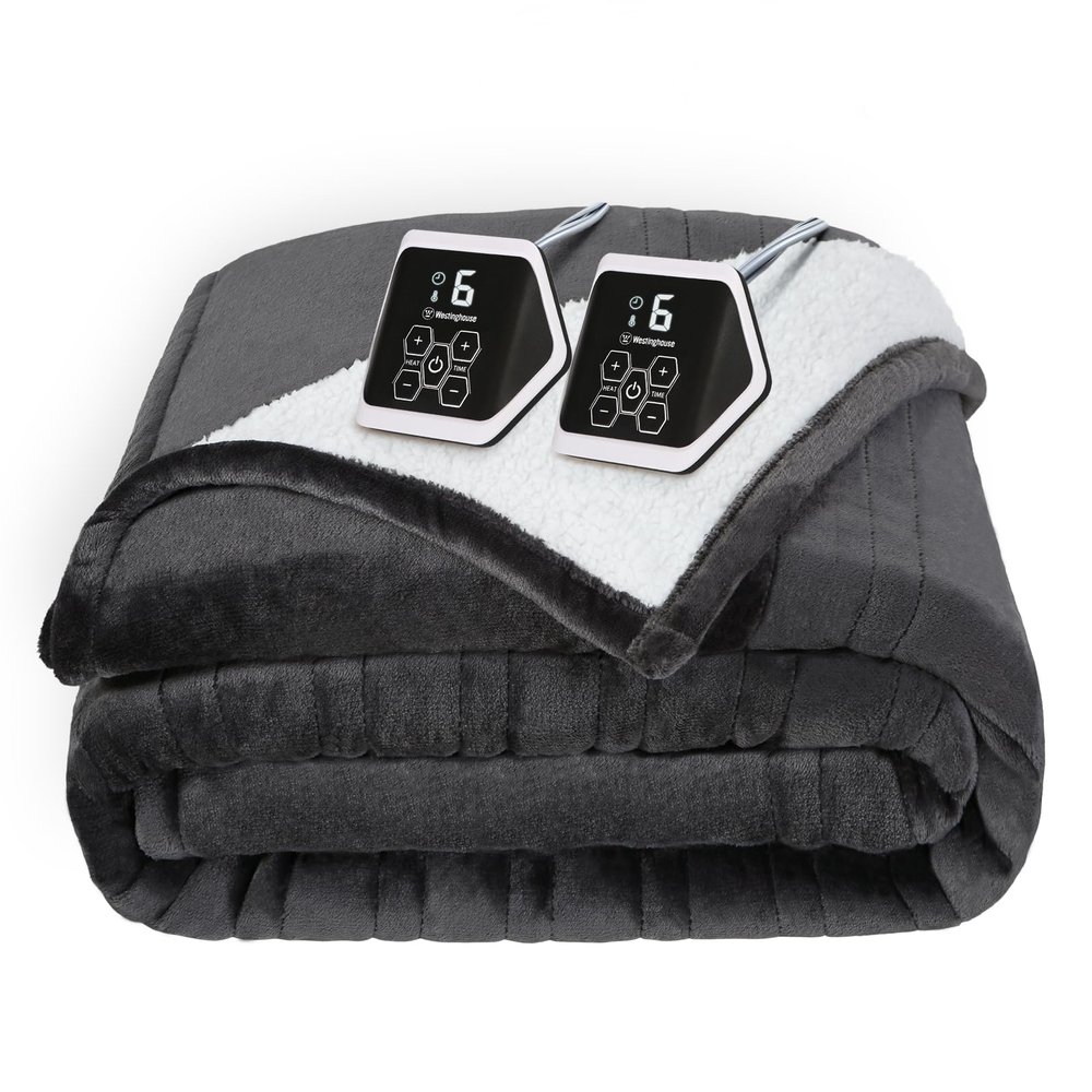 Westinghouse Heated Blanket King Size, Soft Flannel to Sherpa Electric Blanket with 10 Heating Levels, 1-12 Hours Auto Shut Off, Fast Heating, Machine Washable, 100x90 Inch, Charcoal