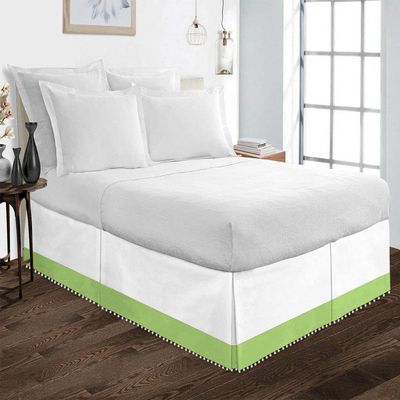 Kings Loft Pom Pom Two Tone BedSkirt 100% Egyptian Cotton 1000 Thread Count, Top-Knot Tassle White Pompom Fringe Solid Pattern, 21 Inch Drop King Size, White/Sage Solid