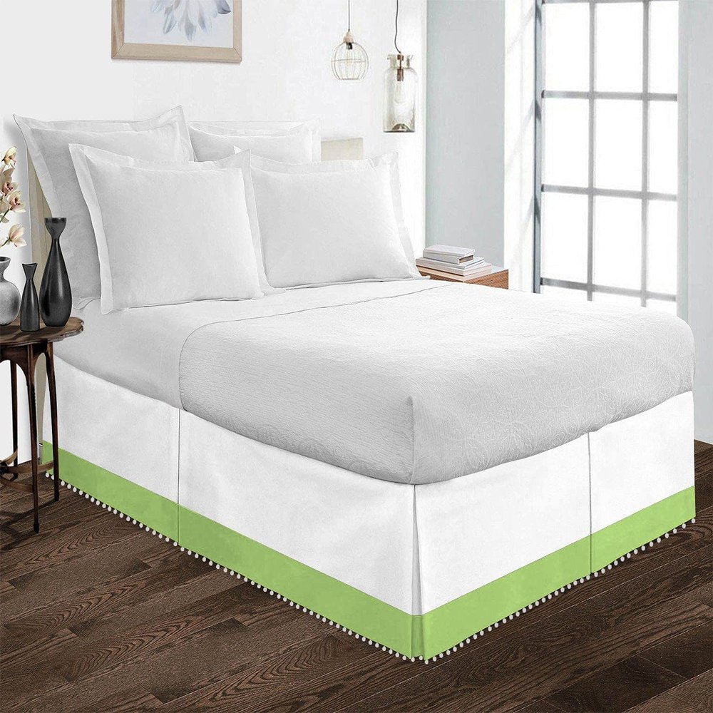 Kings Loft Pom Pom Two Tone BedSkirt 100% Egyptian Cotton 1000 Thread Count, Top-Knot Tassle White Pompom Fringe Solid Pattern, 21 Inch Drop King Size, White/Sage Solid