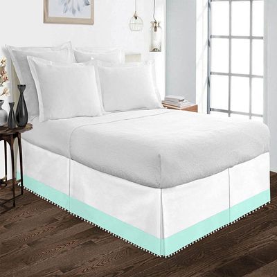 Kings Loft Pom Pom Two Tone BedSkirt 100% Egyptian Cotton 1000 Thread Count, Top-Knot Tassle White Pompom Fringe Solid Pattern, 21 Inch Drop Twin XL Size, White/Aqua Blue Solid