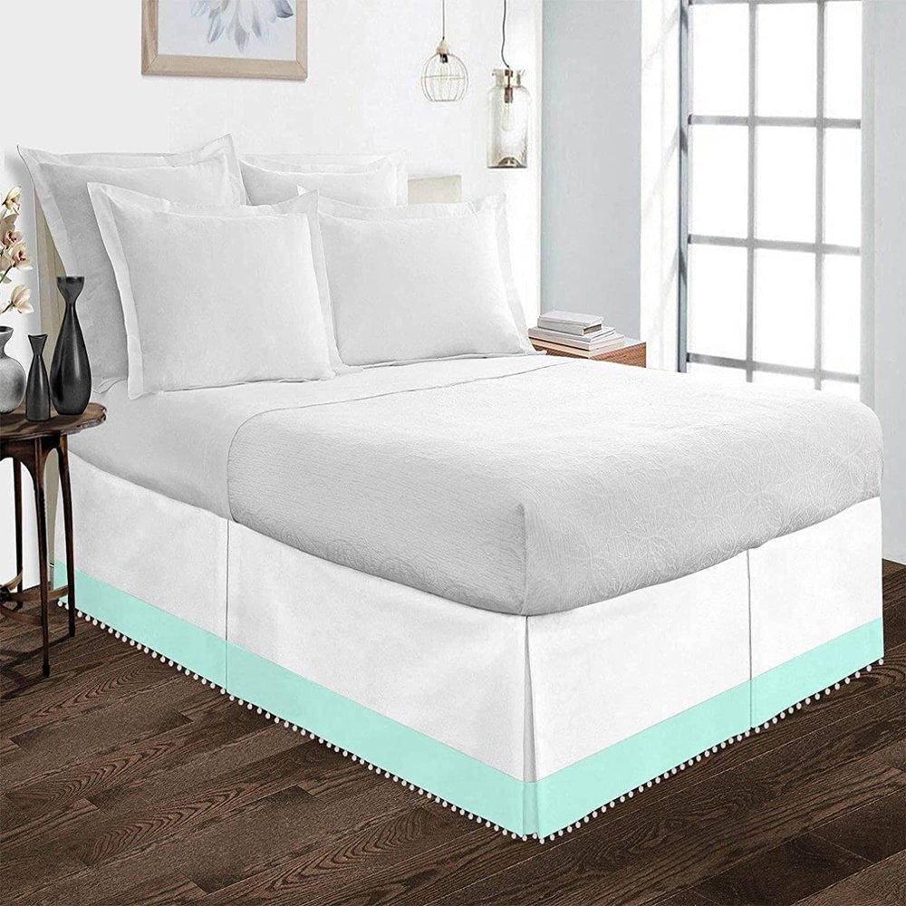 Kings Loft Pom Pom Two Tone BedSkirt 100% Egyptian Cotton 1000 Thread Count, Top-Knot Tassle White Pompom Fringe Solid Pattern, 21 Inch Drop Twin XL Size, White/Aqua Blue Solid