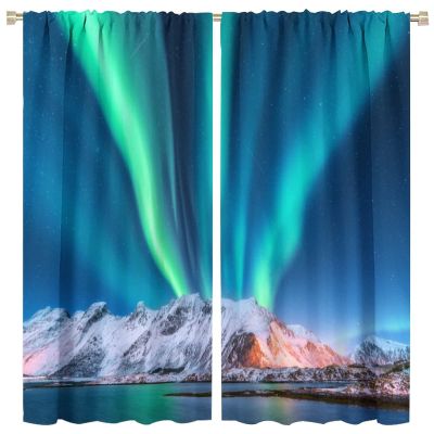 Aurora Curtains Nature Landscape Phenomena Extremely Cold Region Snow Mountain Rod Pocket Blackout Window Drapes 2 Panels Set for Bedroom Living Room Decor 52x84in