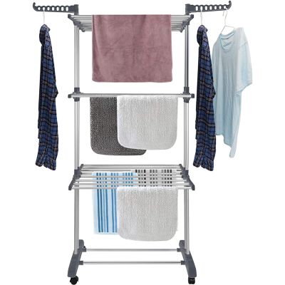 EQHAIR Clothes Drying Rack Folding Clothes Rail 3 Tier Clothes Rack Stainless Steel Laundry Garment Dryer Stand with Two Side Wings Grey, Sturdy and Easy Assembly (A)