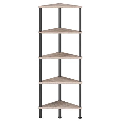 HOOBRO Corner Shelf Stand, Industrial 5-Tier Corner Bookshelf with Metal Frame, Corner Shelf Stand Display Plant Flower, Corner Bookcase for Small Spaces, Living Room, Greige and Black BG33CJ01