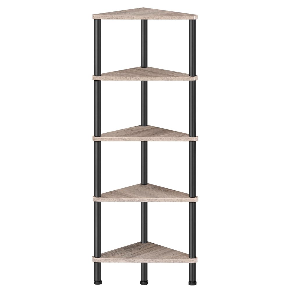 HOOBRO Corner Shelf Stand, Industrial 5-Tier Corner Bookshelf with Metal Frame, Corner Shelf Stand Display Plant Flower, Corner Bookcase for Small Spaces, Living Room, Greige and Black BG33CJ01