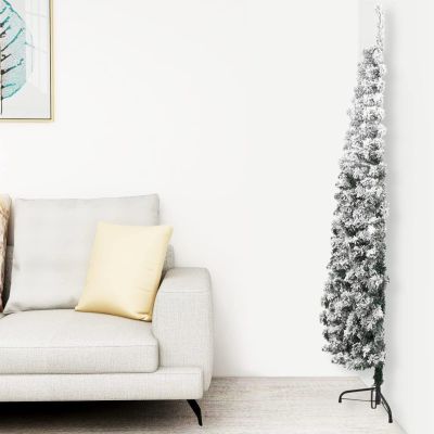 Gecheer Artificial Half Christmas Tree, Slim Flocked Snow Design 94.5 Inch Green PVC Steel, Space-Saving Cone Shape for Living Room Indoor Decor