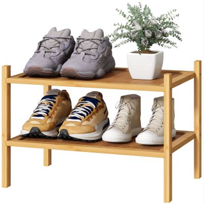 kiplant Small Shoe Rack, 2-Tier Bamboo Wood Shoe Rack for Entryway, Stackable Shoe Organizer for Hallway Closet, Free Standing Shoe Racks for Indoor & Outdoor