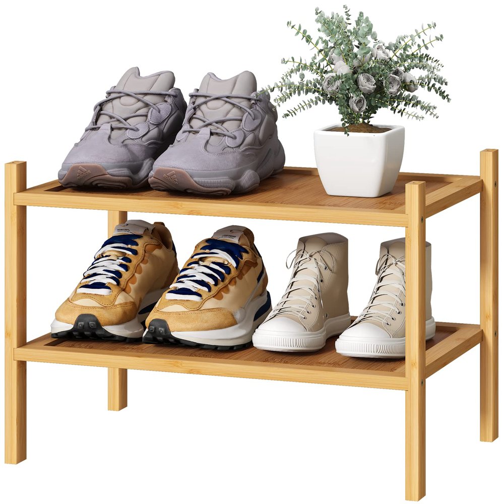 kiplant Small Shoe Rack, 2-Tier Bamboo Wood Shoe Rack for Entryway, Stackable Shoe Organizer for Hallway Closet, Free Standing Shoe Racks for Indoor & Outdoor