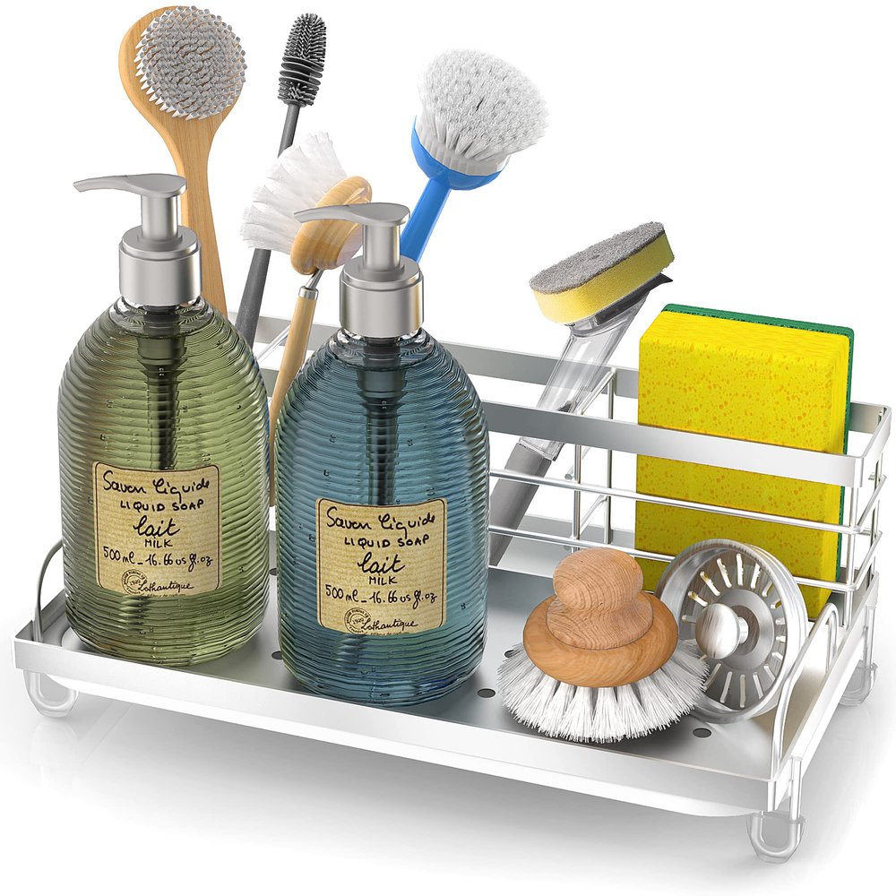 Cisily Kitchen Sink Caddy Organizer, Rustproof Non-Slip Soap Dish Dispenser Brush, Sponge Holder, Silver