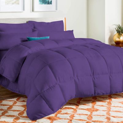 All Seasons Full/Queen Size 1000 Thread Count | 600 GSM Fiber Fill | Solid Purple Down Alternative 5 Piece Box Design Comforter Set - 100% Egyptian Cotton