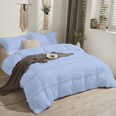 1 PC Soft Boho Chic Pom Pom Duvet Inserter Comforter, 100% Egyptian Cotton | All Season Down Alternative Bedding Duvet Inserter Comforter - [Super King Size, Light Blue]