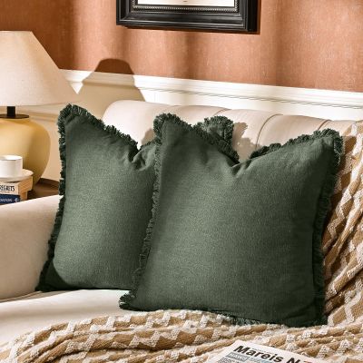 AmHoo Pack of 2 Linen Pillow Covers with Tassels Fringed Decorative Rustic Natural Throw Pillowcase Cushion for Couch Sofa Bedroom 20 x 20-Inch Green