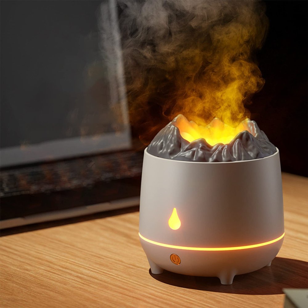 Bedroom Simulation Flame humidifier Scent Diffuser 2 Flame Color Essential Oil Scent Diffuser with no Water Automatic Shut Off Protection Flame humidifier for Home and Bedroom White ( Color : White )