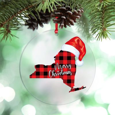 Buffalo Plaid Map Christmas Hat Christmas Ornaments 2022 New York State Christmas Decorations for Tree Sweet Home Acrylic Personalized Christmas Ornaments Christmas Keepsake Long Distance Xmas Gift