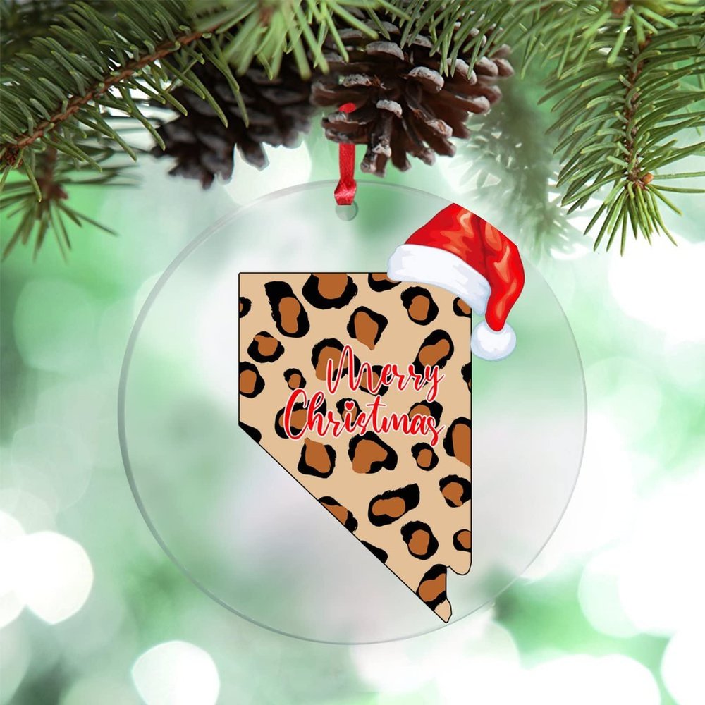 Leopard Print Map Christmas Hat Christmas Ornaments 2022 Nevada State Ornaments for Christmas Trees Sweet Home Acrylic Personalized Christmas Ornaments Christmas Keepsake Long Distance Xmas Gift