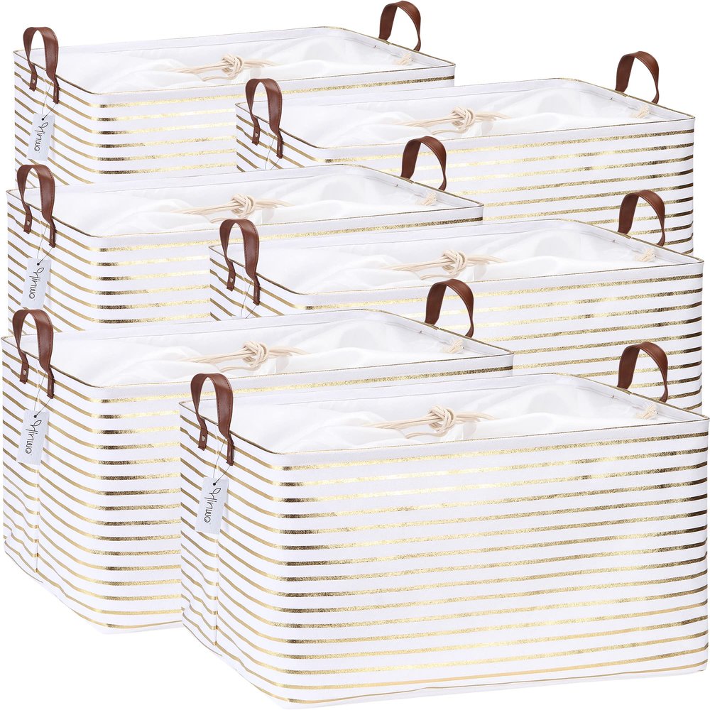 Hinwo 70L Extra Large Storage Bins, 6-Pack Closet Organizers and Storage, Foldable Clothes Storage Baskets with Handles, Containers for Clothing, Blanket, Comforters, Toys, Bedding (Gold Stripe)