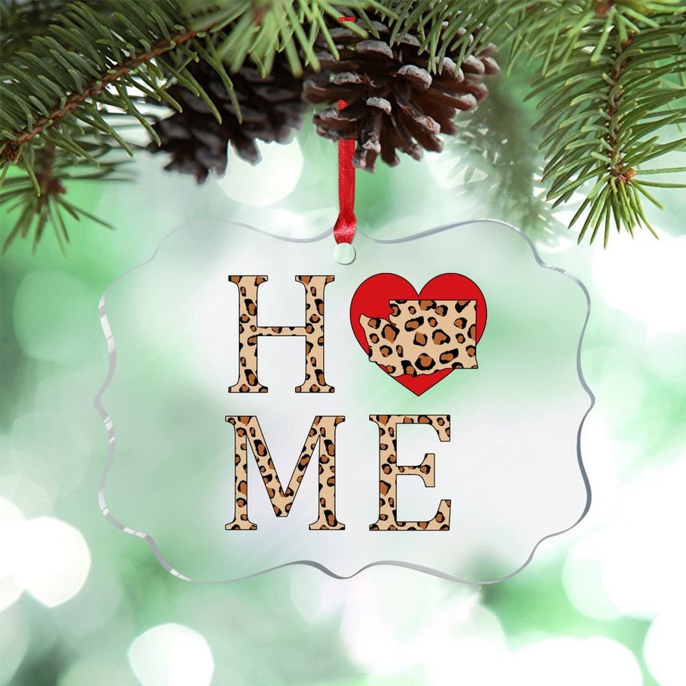 Washington USA State Christmas Ornaments 2022 Leopard Print Home Red Heart Christmas Decorations for Tree Sweet Home Acrylic Personalized Christmas Ornaments Christmas Keepsake Xmas Gift