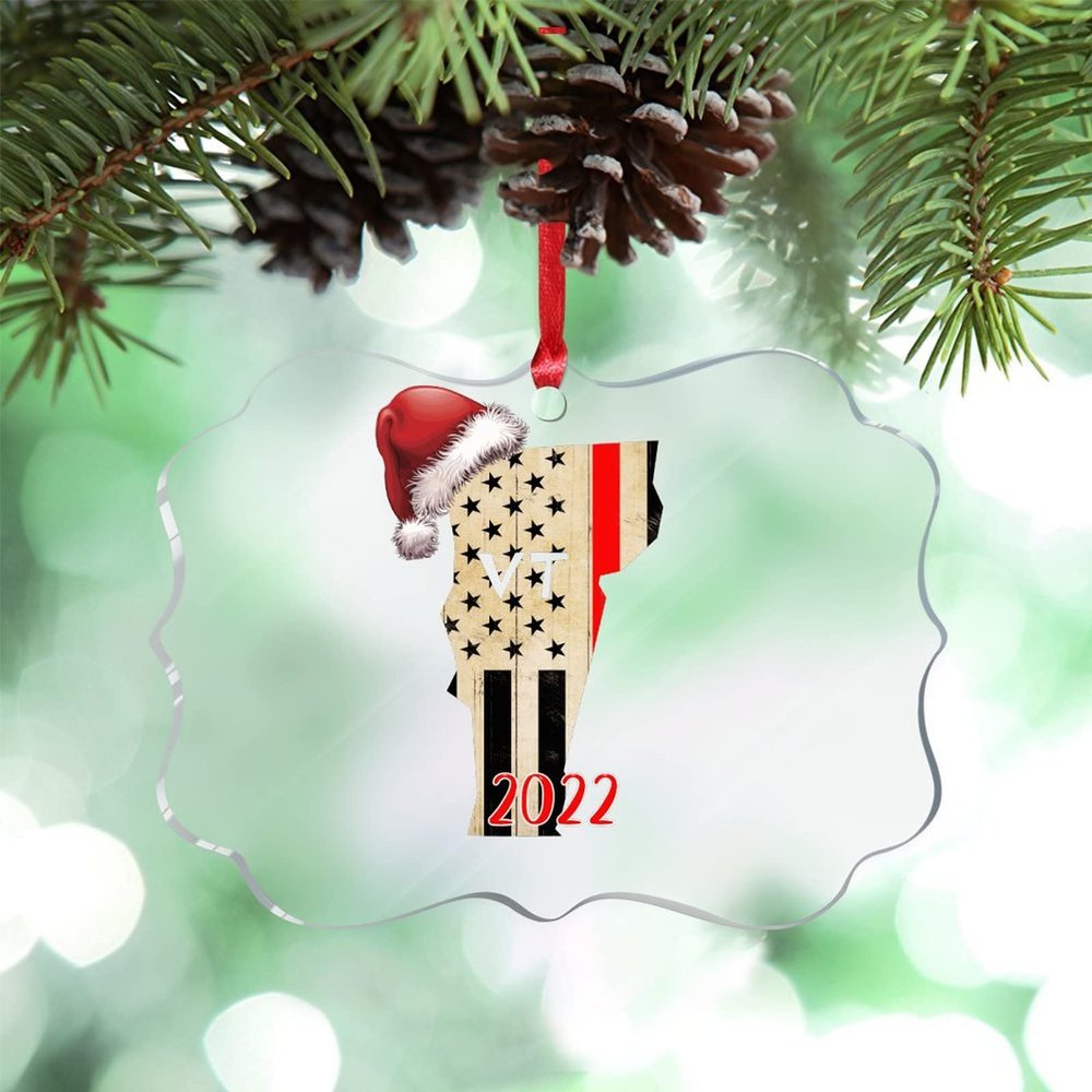 Red Striped Flag Christmas Ornaments 2022 Vermont State Ornaments for Christmas Trees Sweet Home City Souvenir Acrylic Personalized Christmas Ornaments Christmas Keepsake Long Distance Xmas Gift