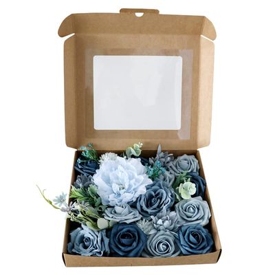 Artificial Flowers Box Set for DIY Wedding Bouquets, European Style Navy Blue Simulated Flowers with Stems for Centerpieces Arrangements Baby Shower Party Home Decorations