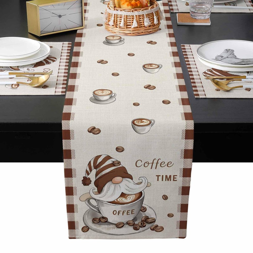 Brown Coffee Gnomes Table Runner with Placemats Set of 2, Cotton Linen Kitchen Dining Mats Long Table Cover 13"x90" Rustic Farmhouse Plaid Winter Snowflake Table Mats for Living Room/Dresser/Dining