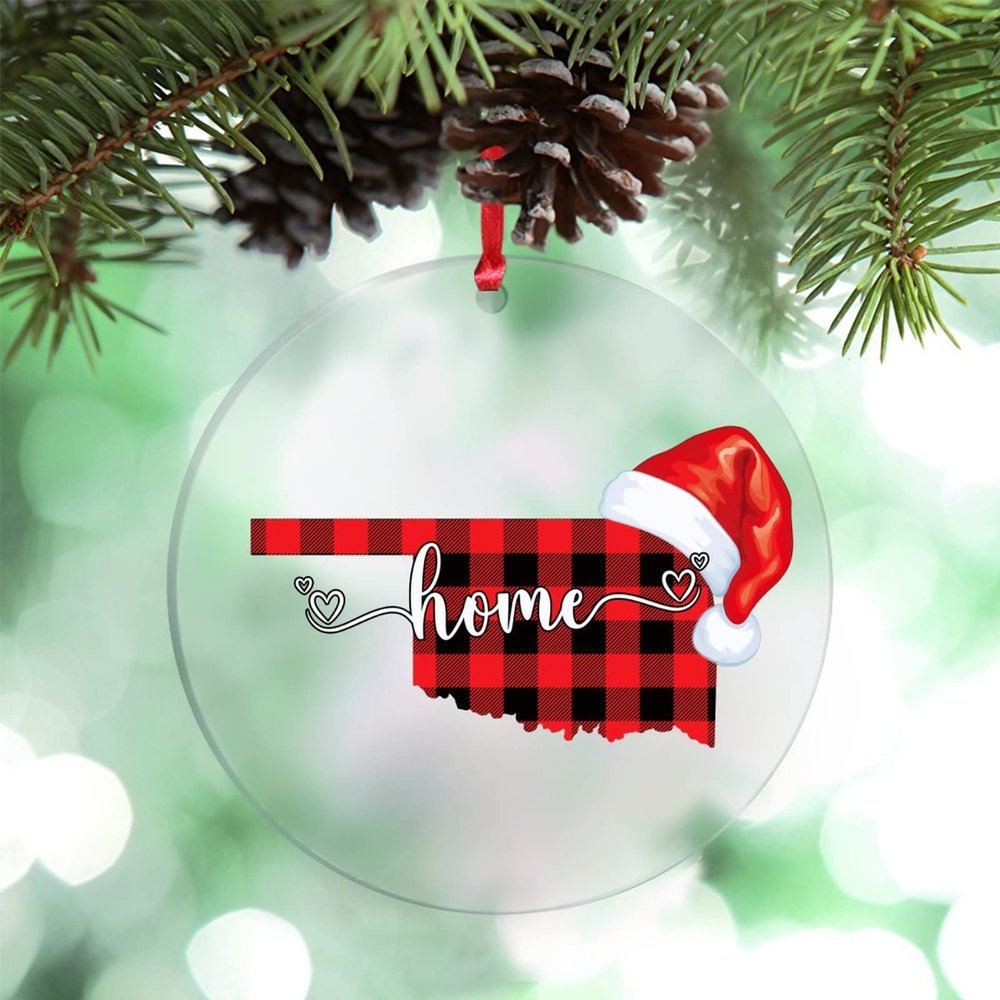 Buffalo Plaid Map Christmas Hat Christmas Ornaments 2022 Oklahoma State Ornaments for Christmas Trees Sweet Home Acrylic Personalized Christmas Ornaments Christmas Keepsake Long Distance Xmas Gift