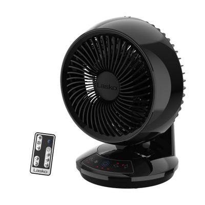 Lasko Air Circulator Fan, Whirlwind Orbital Motion Table Fan, 3 Speeds, Timer, Dark Mode, Remote Control Small Room Fan, Black, A12558