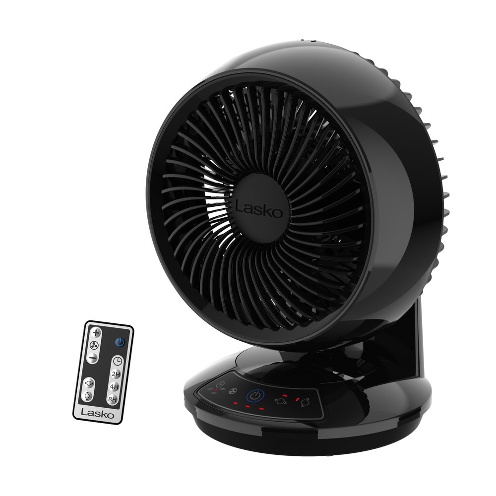Lasko Air Circulator Fan, Whirlwind Orbital Motion Table Fan, 3 Speeds, Timer, Dark Mode, Remote Control Small Room Fan, Black, A12558
