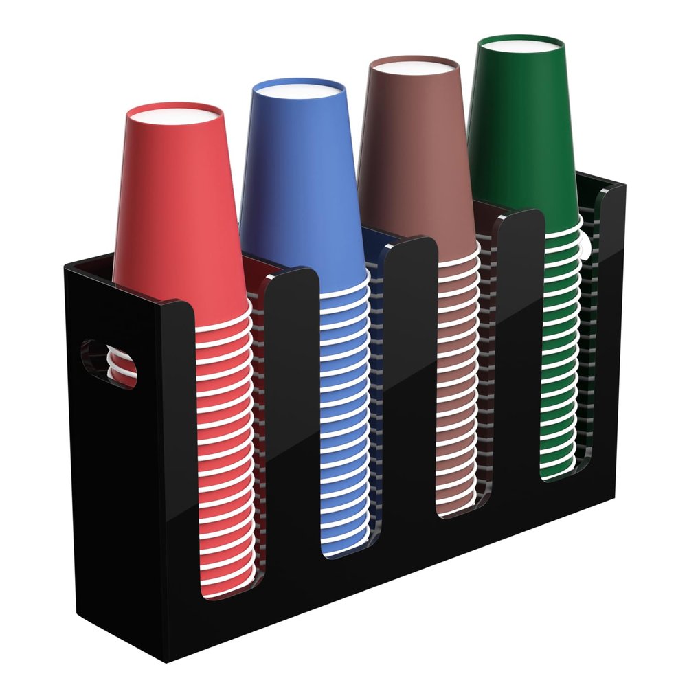 BOSSCASA Disposable Coffee Cup Dispenser with Handles, Countertop or Wall Mount Hot/Cold Drink Cup and Lid Holder - Bathroom/Kitchen/Office Acrylic Cup Lid Storage Organizer (4 Compartments, Black)