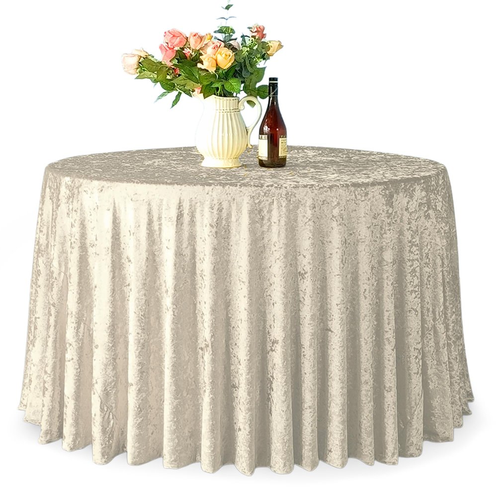 WedDecor Premium Crushed Velvet Tablecloth, 90" x 90" Champagne Round Dining Glitz Soft Fabric Tablecover for Kitchen Wedding Banquet & Special Events Party Table Decoration, Pack of 1