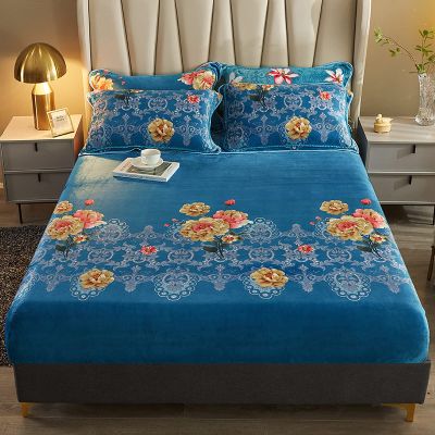 FCLDESHOP 4 Way Stretchy Bed Sheets,Autumn Winter Cartoon Print Coral Fleece Bedding Sheets, Deep Pocket Mattress Protector Pillowcases for Kids Room,Navy Blue,180 * 200cm (3pcs)