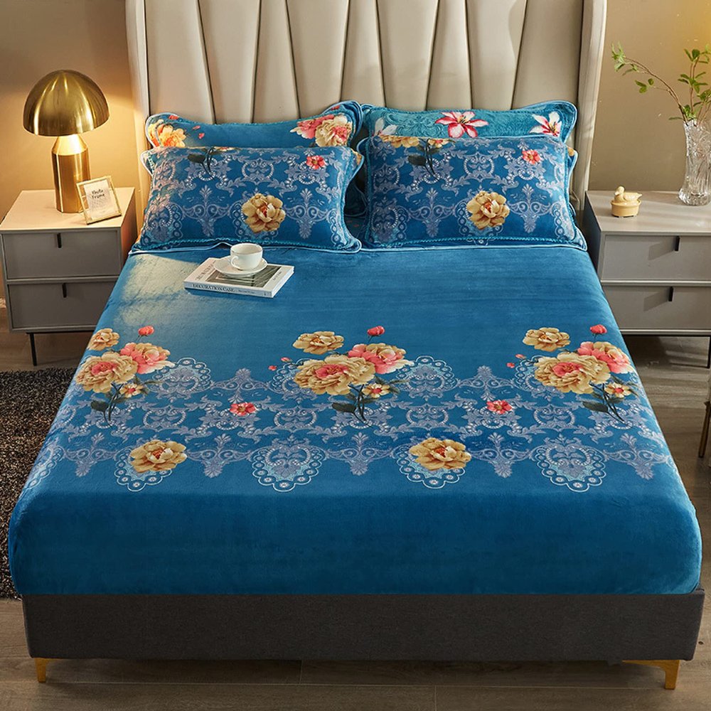 FCLDESHOP 4 Way Stretchy Bed Sheets,Autumn Winter Cartoon Print Coral Fleece Bedding Sheets, Deep Pocket Mattress Protector Pillowcases for Kids Room,Navy Blue,180 * 200cm (3pcs)