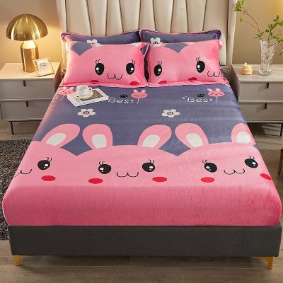 FCLDESHOP Deep Fitted Sheet,Autumn Winter Cartoon Print Coral Fleece Bedding Sheets, Deep Pocket Mattress Protector Pillowcases for Kids Room,Rabbit 1,200 * 220cm (3pcs)