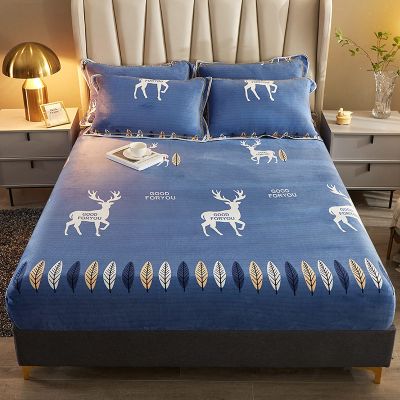 FCLDESHOP King Fitted Sheet,Autumn Winter Cartoon Print Coral Fleece Bedding Sheets, Deep Pocket Mattress Protector Pillowcases for Kids Room,Blue,180 * 220cm (3pcs)