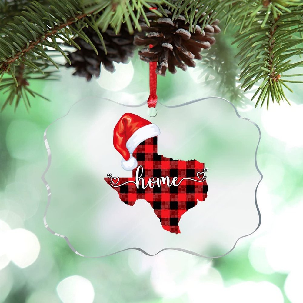 Texas Home State Christmas Tree Ornaments Buffalo Plaid Map Christmas Hat Christmas Ornament 2022 City Souvenir Acrylic Hanging Ornaments Holiday Christmas Keepsake New Year Gifts